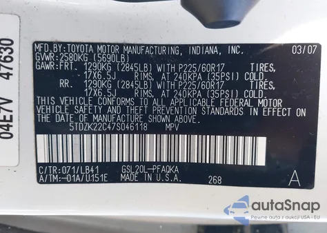 2007 Toyota Sienna Xle from USA, damaged, VIN 5TDZK22C47S046118